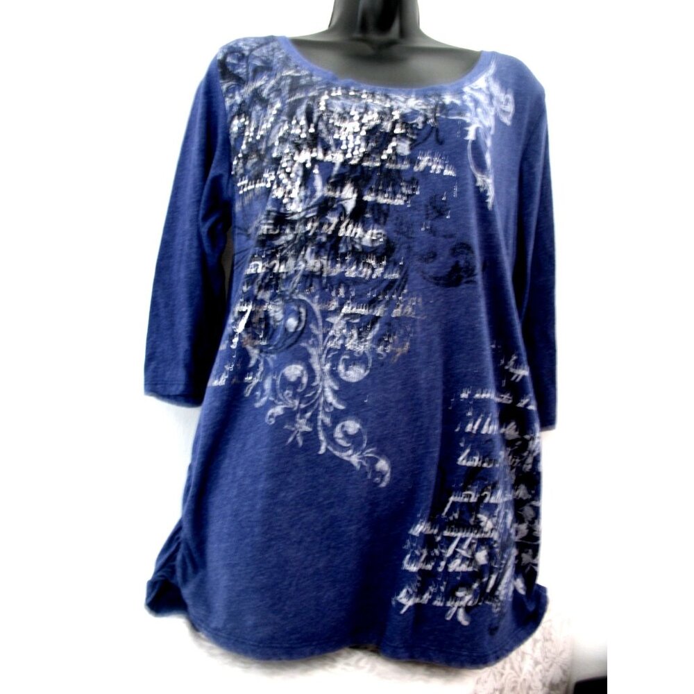 Maurice's  Blue/Silver&White Floral, Sequins, Embellished,L/S Shirt Size 1= 1X